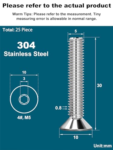 Drenky Socket Screws M5 X 30mm 304 Stainless Steel M5 Bolts Screws Countersunk DIN 7991 / ISO 10642 Machine Screws Flat Head Hex Socket Cap Screws (Pack of 25) - Image 2