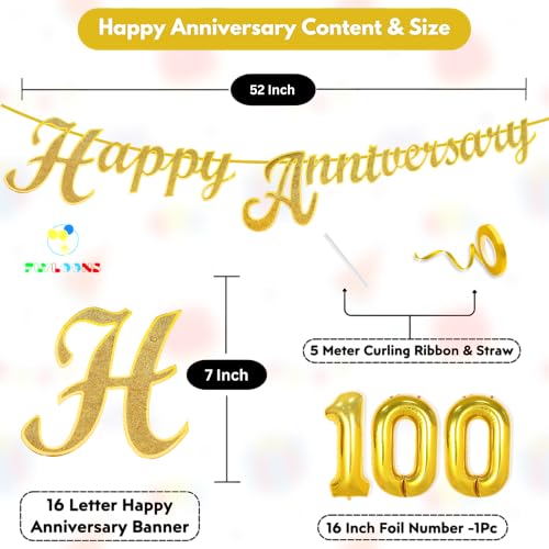 Image of Flyloons 100th Happy Anniversary Banner Gold Decorations Kit for Men Women Wedding Anniversary Banner Items without Balloons