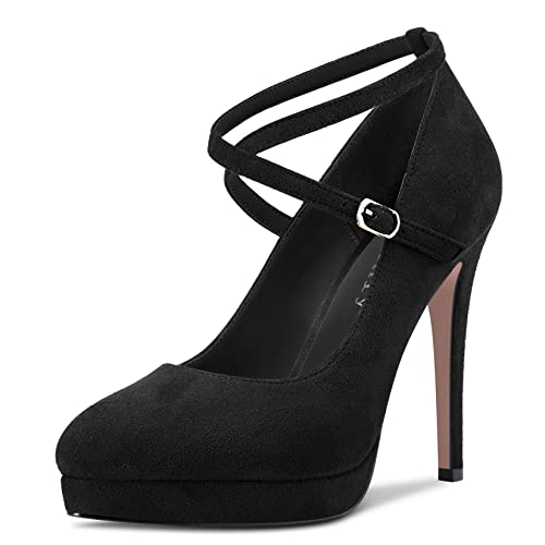 DearOnly Womens Platform Heel Pumps Closed Toe Ankle Strap Stiletto High Heel Suede Bridal Wedding Dress Shoes 5 Inch