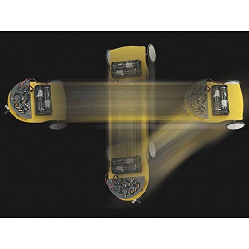 Dynamic view of the Velleman KSR1 Robot Car Kit, showing its movement capabilities and internal battery compartment.