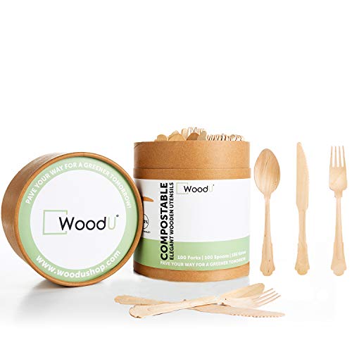 WoodU Elegant Wooden Disposable Utensils Eco-Friendly Biodegradable & Compostable Flatware for Special Events (300 Cutlery)
