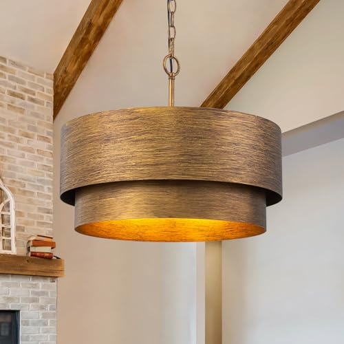 Dusklark Farmhouse Drum Chandelier, 20" Metal Copper Bronze Dining Room Light Fixtures Over Table, Rustic Industrial Pendant Light for Kitchen Island Living Room Entryway