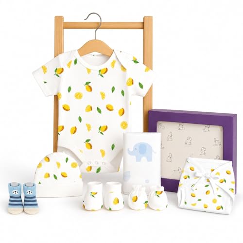 Image of MOM'S HOME Organic Cotton Baby Essentials Gift Set | Baby Shower Gift Hamper | Baby Clothing Gift Combo | Lemon | Pack of 7