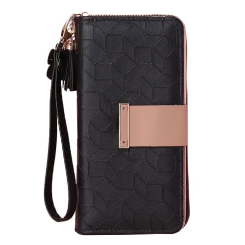 FLYMANN Women's Geometric Pattern Vegan Leather Wallet with Zipper Bi-Fold Card,Coin Holder (Black)