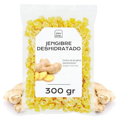 Jengibre Deshidratado con Azucar 300 gr - Jengibre Seco Cortado en Dados - Fruta Deshidratada - Ideal para Reposteria y Snacks - Sin Gluten (300 gr, Jengibre)