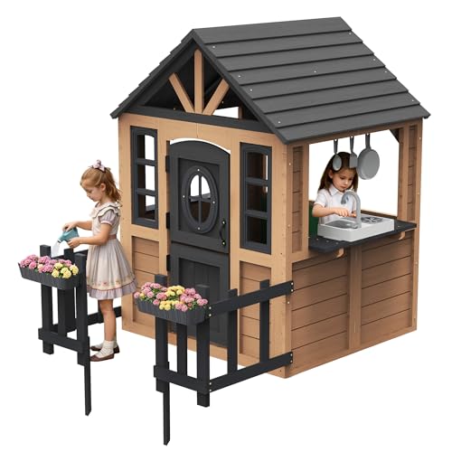 Albott Kids Outdoor Wooden Playhouse with Kitchen Set, Durable Wood Construction with Waterproof Roof & Rust-Resistant Hinges, Pretend Playhouse for 3–8 Years Old Boys & Girls
