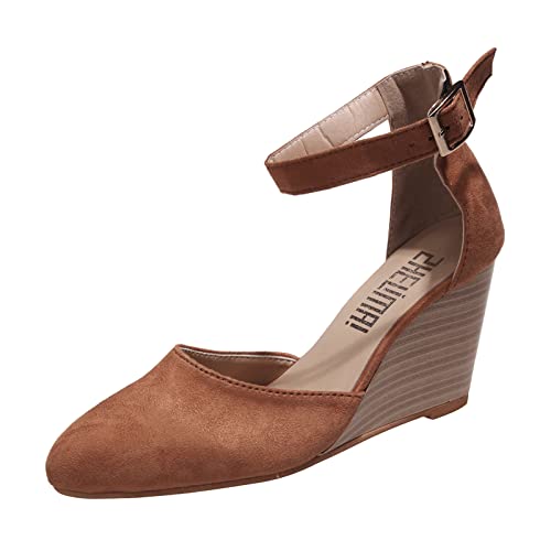 Closed Toe Wedges Heels for Women Dressy Platform Wedge Sandals Ankle Strap Heeled Espadrilles Sandals Ladies Comfortable Cork Summer Dress Shoes for Beach Wedding