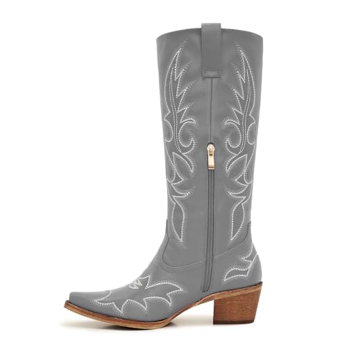 Image of Uillnoodu Women's Turquoise Cowgirl Boots - Wide Calf Mid Calf Western Boots Plus Size Embroidered Cowboy Style with Block Heel