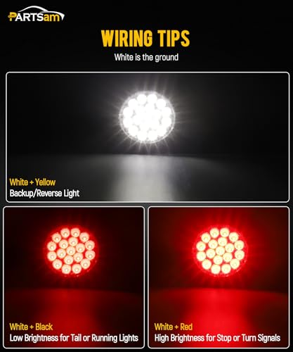 Partsam 2Pcs 4 Inch Round Red Stop Turn Tail Lights and White Backup Lights Kit 19 Diodes w/Rubber Grommets & 3-Prong Wire Pigtails, Red/White Round Led Truck Trailer Tail Lights and Reverse Lights