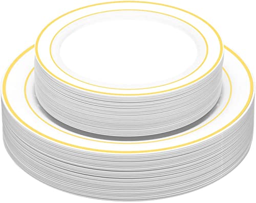 TOROTON 60 Elegante Wiederverwendbare Plastikteller mit Goldrand, 30 Speiseteller & 30 Dessertteller, wiederverwendbares Geschirr für Catering Hochzeiten Partys Geburtstage - Gold Cover