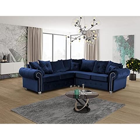MN Furniture Ashiwn Plush Velvet Corner Sofa with Cushions (Blue) Cover