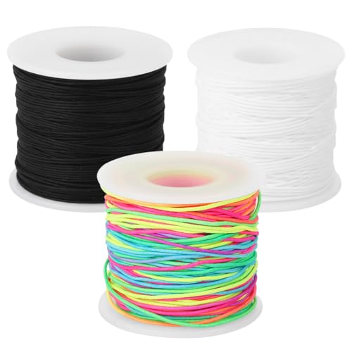 Image of HASTHIP 3 Rolls 1mm Nylon Elastic Beading String Cord, 50M Each Black White & Colorful Stretch Thread for Jewelry Making, Bracelet Necklace Crafting & DIY Bead Projects