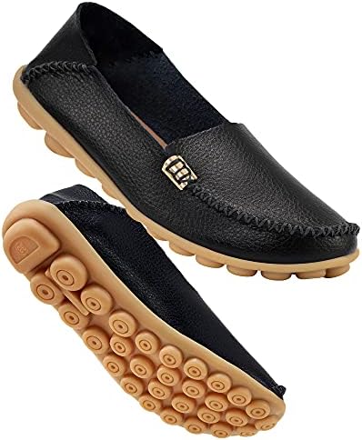 DUOYANGJIASHA Women's Comfortable Leather Loafers Casual Round Toe Moccasins Wild Driving Flats Soft Walking Shoes Women Slip On Black US Size 8 CN 40