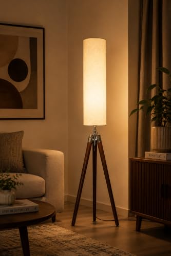 Image of Modern Floor Lamp, Black Metal, Tall Fabric Shade