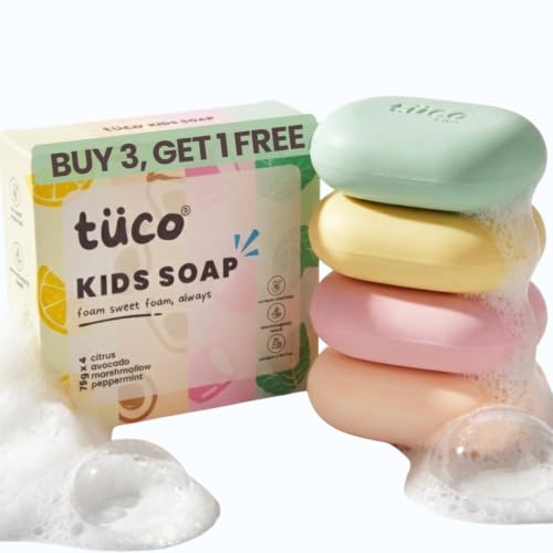Image of Tuco Kids Soap Pack of 3+1 (3x75gm+1x75gm) | Dermatologically Tested, Gentle & Nourishing with Natural Vitamin C, Avocado, Marshmallow, Citrus | SLS & Paraben free | Ages 2-5, 5-10, 10-15