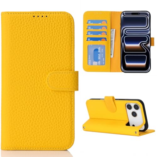 Coque compatible iPhone 17 Pro étui cuir véritable jaune housse protection intégrale