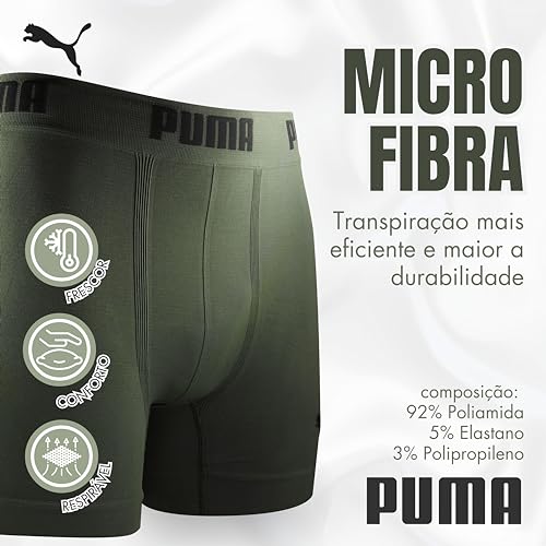 PUMA Cueca Boxer Performance Cós 40MM Microfibra Sem Costura Masculino Adulto, Verde Militar, G