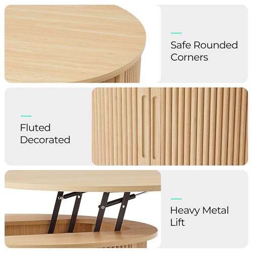 Image of LINSY Lift Top Coffee Table, Round Fluted Coffee Table with Storage, Boho Wooden Coffee Tables with Sliding Tambour Door, 31.5 inch Center Table for Living Room, Office, Small Space, Natural Oak