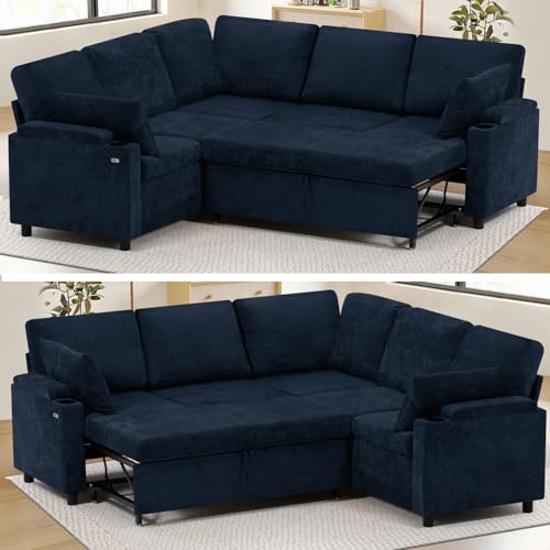 Image of 85 inch Chenille Sectional Sofa w /Pull Out Bed & Storage Space, Blue | Upholstery L Shaped Couch w /Cup Holders, Modern Corner Sofa w /USB Charging Port & Throw Pillow for Living Room