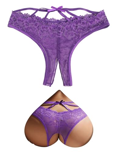 Image of Lace Thong Underwear Hollow Sexy Panties French Knickers Size 10, Purple