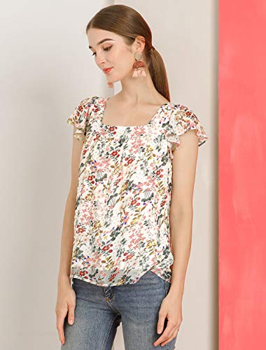 Allegra K Women's Floral Blouse 2025 Summer Casual Square Neck Chiffon Short Sleeve Easter Ruffle Shirts2