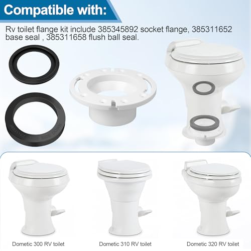 Image of RV Toilet Seal and 3 Inch Socket RV Toilet Flange for Dometic 300 /310 /320 RV Toilets, Toilet Parts Replaces 385345892 Flange, 385311658 Flush Seal and 385311652 Base Seal, 3 in 1 RV Toilet Repair Kit
