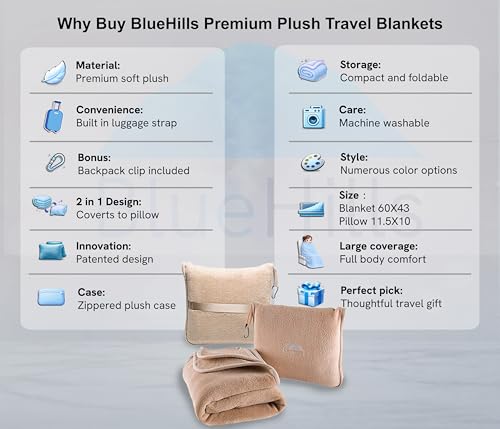 Image of BlueHills 2-Pack Premium Soft Plush Travel Blanket Pillow Airplane Essentials for Two in Bag with Hand Luggage Strap and Backpack Clip Compact Flight Traveling Accessories Plane Blankets Beige T205