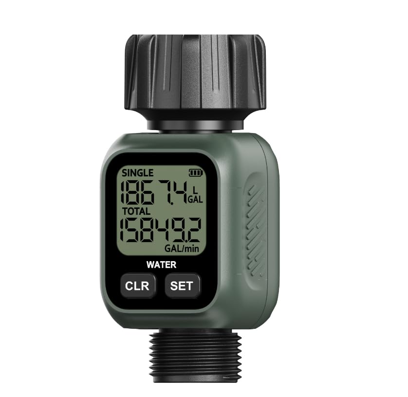 Water Flow Meter 5% Accuracy Built-in Brass Inlet 4 Measurement Modes US Gallon/Liter Consumption & Flow Rate for Garden Hose Lawn Sprinkler Caravan Water Tank Filling Spray Nozzle