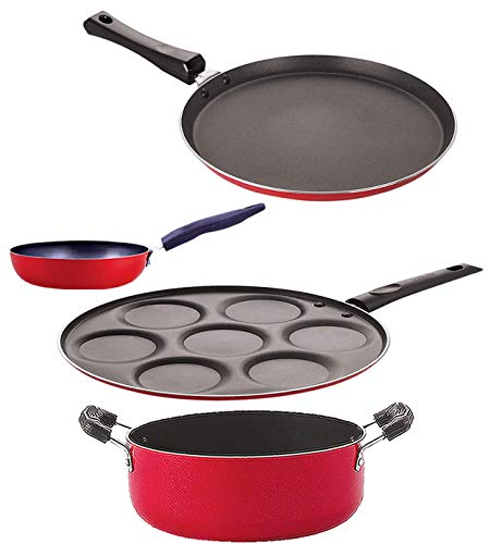 Image of Nirlon Non Stick Coated Aluminium Pfoa Free Kitchenware Essential Gift Set of 4 Pieces (FT13 CVG UP7 CS24)
