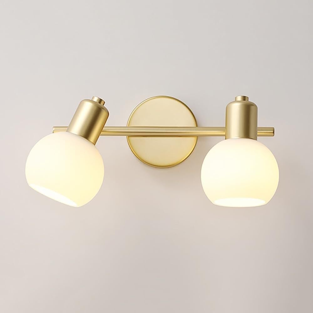 HPTHLY Vintage Wall Sconce, Nordic Hardwired Iron Wall Lamp, Gold Vanity Light, Adjustable Wall Light With White Glass Shade, E14 Bathroom, Study Room, Hallway (One Color-2-Head)