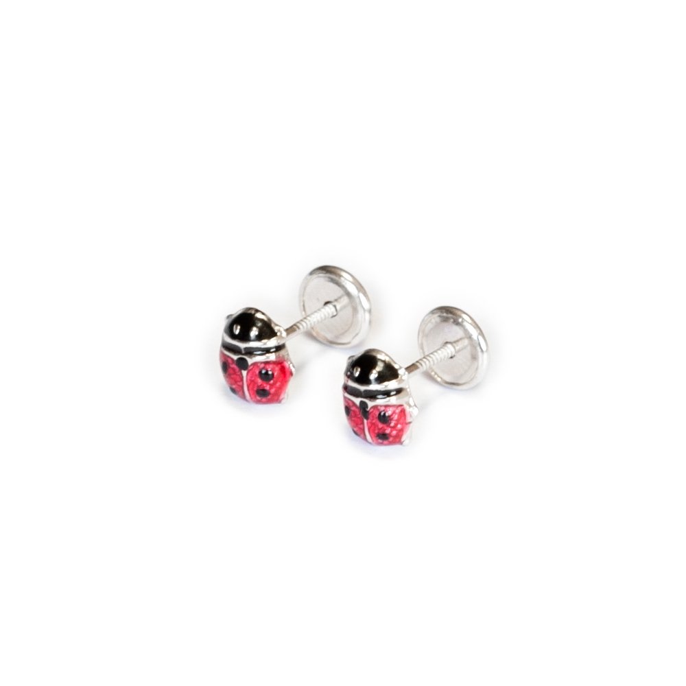 Boucles d'Oreilles Émail rouge-noir Coccinelle Argent 925 brillant - Mondepetit