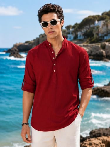 Image of Majestic Man Men's Pure Cotton Solid Mandarin Collar Slim Fit Roll-Up Sleeves Short Kurta Lightweight Summer Kurta for Daily & Occasion Use