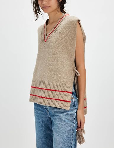 Image of UANEO Women's V Neck Sweater Vest All Star Stripe Poncho Sleeveless Pullover Tank Tops(Khaki-S)