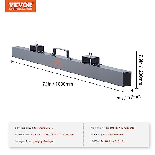 Vevor PICKUP TOOLQJ8013A-72″ 105Lbs Hanging Magnetic Sweeper Pickup Tool, Nail Hang-Type Magnetic Forklift Sweeper, Industrial Grade Magnets Steel Material Hunting Accessories For Picking Up Bolts Nails Iron Chips Metals thumb #6
