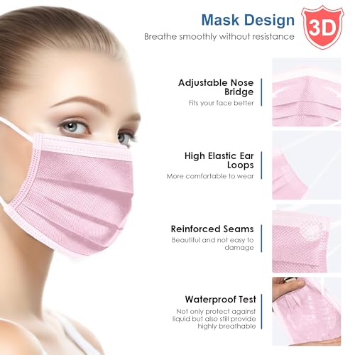 Image of NNPCBT Pink Disposable Face Masks 125 Pack,3-Ply Breathable Mask For Adults,Great For Outdoors,Home, Office, School