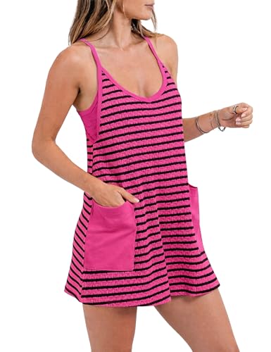 Image of Womens Athletic Sundress with Built-in Shorts Golf Tennis Romper | Sleeveless Mini Spaghetti Strap dress Functional side pockets tummy-friendly fit casual beach vacation