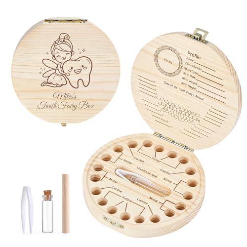 QSZ Personalized Tooth Fairy Tooth Holder Customizable Engraving Name Icon Custom Wooden Teeth Fairy Keepsake Box Gift for Boys Girls (Customize tooth box)