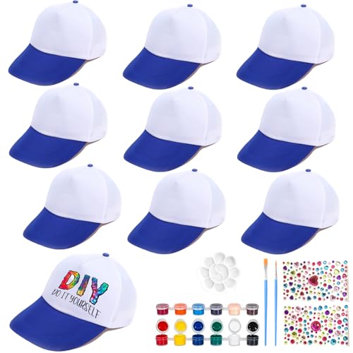 10 Piezas Gorras infantiles para pintar,Gorra de graffiti,gorra de béisbol DIY con pegatinas de piedras preciosas,gorra de béisbol infantil, gorra blanca infantil,para Cumpleaños Regalo Niños Interior