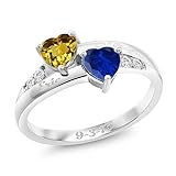 Gem Stone King 925 Sterling Silver Customized and Personalized 2-Stone Heart Shape Gemstone Birthstone and Lab Grown Diamond Custom Lazer Engraving Ring For Women (Size 7)