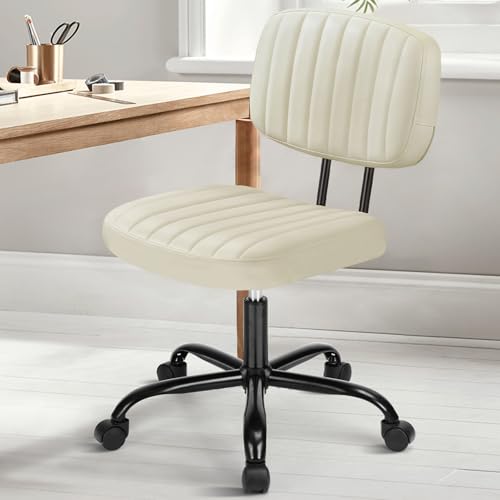 DUMOS Small Armless Home Desk Chair with Low Back Lumbar Support, Height Adjustable PU Leather Computer Task Chair with 360° Swivel Wheels, for Small Space, Kids and Adults, Beige White