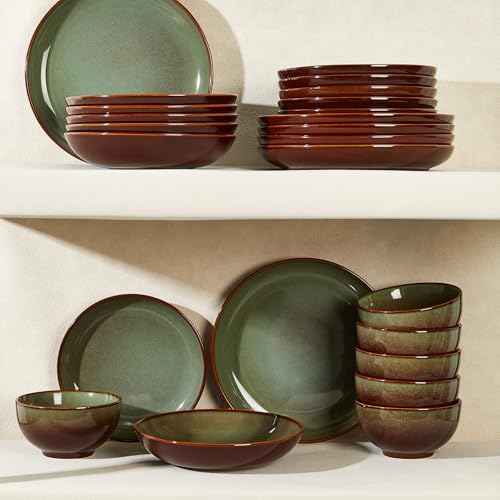 Image of Pokini 24 Piece Double Bowl Dinnerware Sets with Pasta Bowls, Highly Chip and Crack Resistant Plates and Bowls Sets, Natural Earthyware Ceramic Dishware Sets, Service for 6 Brown Green