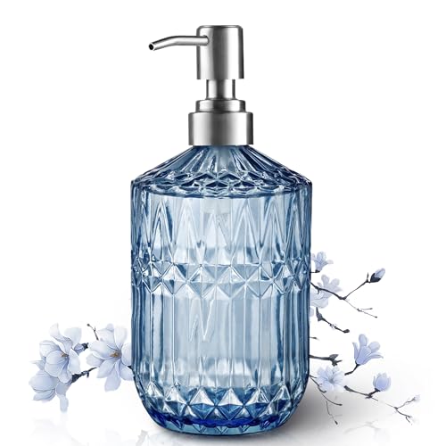 13 Oz Refillable Soap Dispenser, Glass Soap Dispenser for Dispense Hand Soap, Dish Soap, Lotion (Blue)