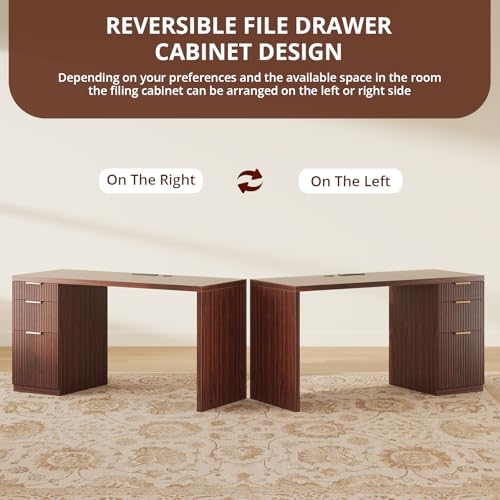 FURSUN 58" Modern Executive Desk with Storage, Home Office Desk with Drawer & Cabinet, Wooden Fluted Desk for Study, Living Room, Bedroom (Dark Walnut)