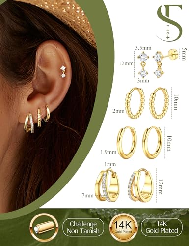 Small Gold Hoop Earrings for Women Hypoallergenic - 14K Gold Silver Plated Earring Stacks Non Tarnish Huggie Hoop Earring Flat Back Stud Earring Sets for Multiple Piercing Cartilage Earring Jewelry 4Pairs3