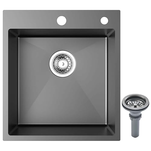 Coubird Lavello da Cucina Nero in Acciaio Inox, Montaggio a Incasso, Vasca Singola Piccola, con Scolapiatti, Adatto per Cucine, Camper, Bar e Locali Utili (38x50 cm)