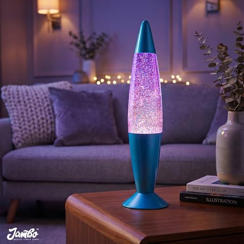 Image of JAMBO 16 inch Beautiful Blue and Silver Glitter Lamp- Relaxing Mood Lighting, Night Light Nightlight, Home Decor Living Room Office Bedroom Lamp for Adults Teens Kids Glitter