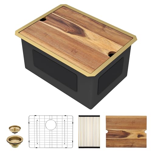 Image of 24 inchx18 inch Undermount Laundry Utility Sink Workstation - Brushed Gold NANO-PVD, 16 Gauge 304 Stainless Steel, 12 Inch Deep Single Bowl Basin for Laundry Room, RV or Utility Use