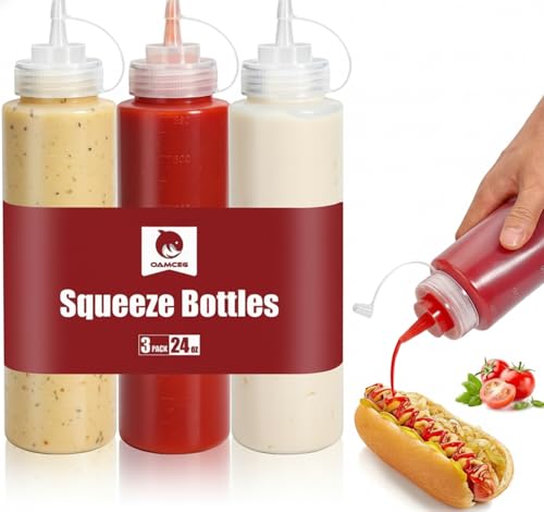 OAMCEG 3-Pack Sauce Squeeze Bottles, 24 oz/700 ml BPA-Free Plastic Ketchup & Condiment Bottles with Measurement for Syrup, Dressings, Mayonnaise,Hot Sauce