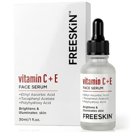 Image of Freeskin Vitamin C + E Face Serum with Ethyl Ascorbic Acid, Tocopheryl Acetate & Polyhydroxy Acid | Brightens & Illuminates Skin | Lightweight & Non-Sticky Formula | For All Skin Types | 30ml