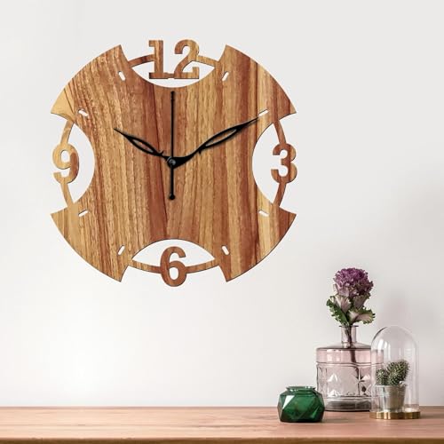 Image of SKYVILLA 12 Inch Wooden MDF Round Analog Wall Clock with English Numerals | Silent Quartz Movement | Lightweight Without Glass Design (Beige)